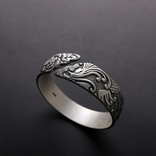 Pulsera de Plata Fina S999 Fénix y Peonía - Estilo Étnico Tailandés Retro Mate para Mujer - Image 9