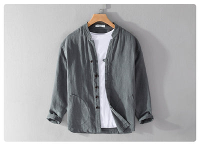 Camisa de Lino Ramio Suelta Casual con Cuello de Pie Estilo Nacional - Image 24