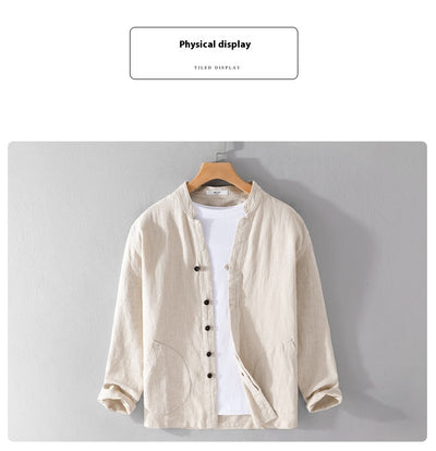 Camisa de Lino Ramio Suelta Casual con Cuello de Pie Estilo Nacional - Image 32