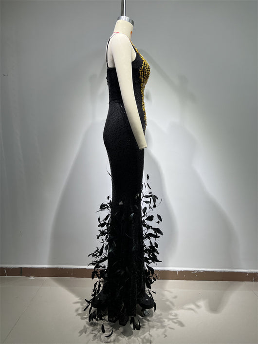 Vestido Sling Negro con Lentejuelas de Pluma - Image 20
