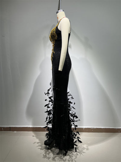 Vestido Sling Negro con Lentejuelas de Pluma - Image 22