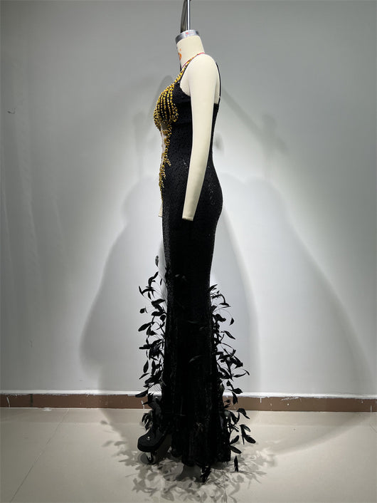 Vestido Sling Negro con Lentejuelas de Pluma - Image 22
