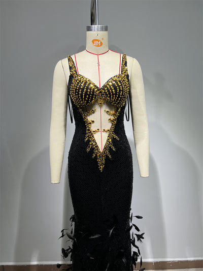 Vestido Sling Negro con Lentejuelas de Pluma - Image 30