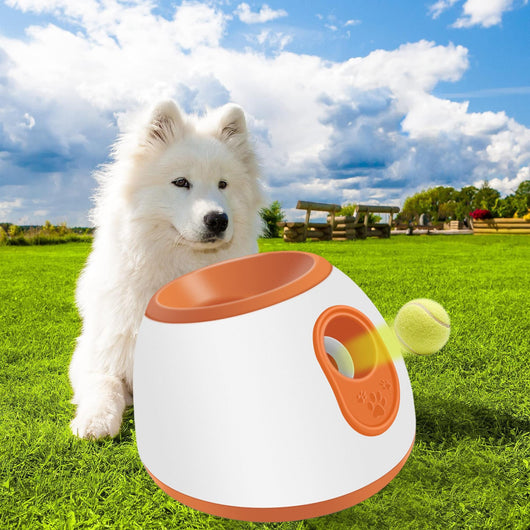 Orange and white pet intelligence ball dispenser with three foam balls, designed as a dog toy. - Image 20