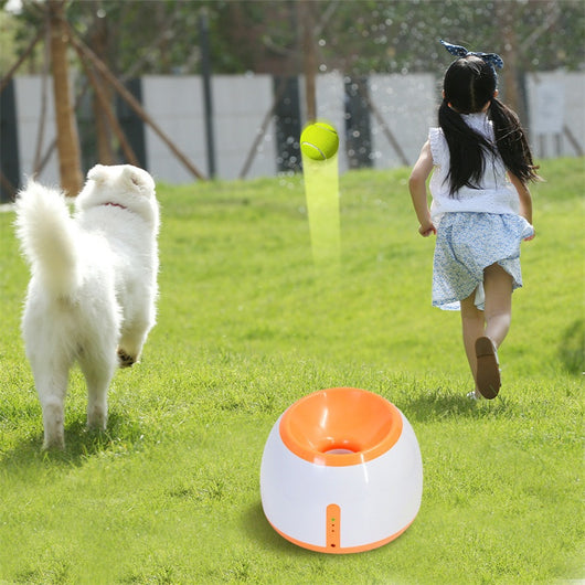 Orange and white pet intelligence ball dispenser with three foam balls, designed as a dog toy. - Image 21