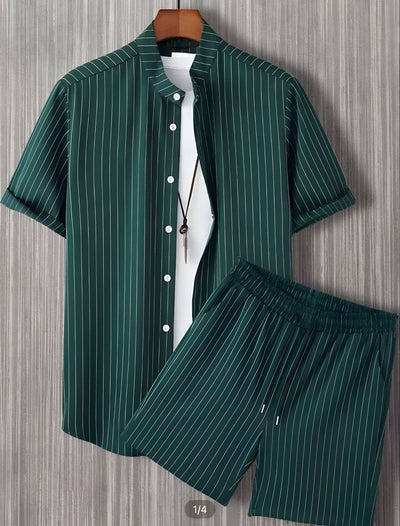 Conjunto de Camisa Hawaiana Hombre a Rayas Blanco y Negro - Image 15
