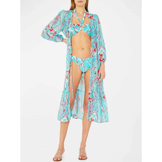 Women's light blue bikini with red coral print, featuring a halter top, high-cut bottom, and matching sarong. - Image 15