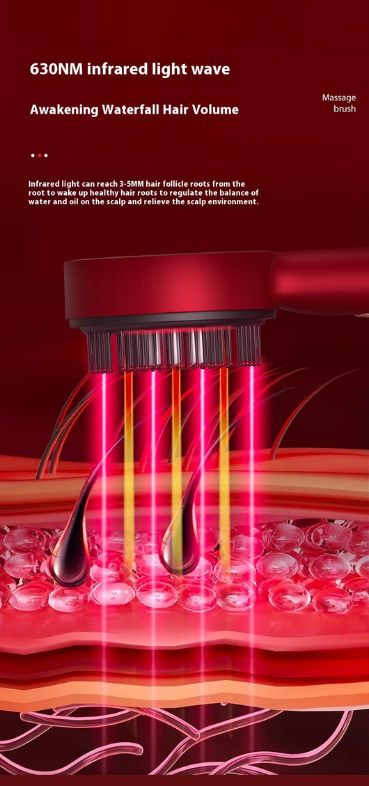 Black electric massage comb with red light therapy, black bristles, and a purple power button on a white background. - Image 22