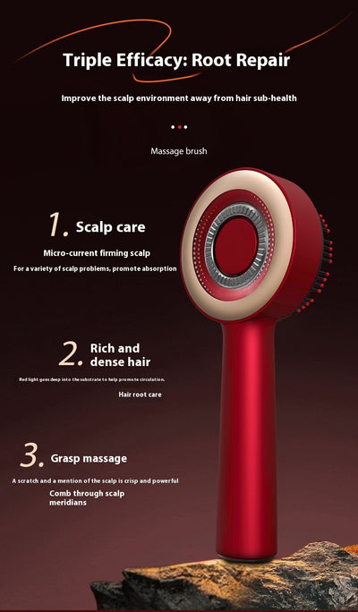 Black electric massage comb with red light therapy, black bristles, and a purple power button on a white background. - Image 28
