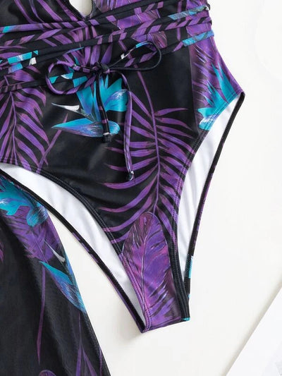 Women's tropical print one-piece swimsuit with deep V-neck and high-cut leg, paired with a matching long-sleeve cover-up. - Image 30