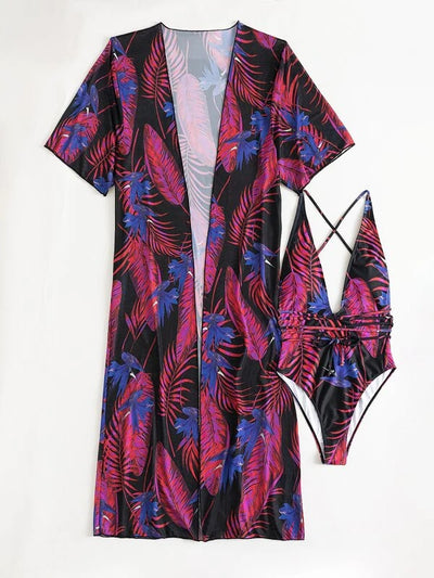Women's tropical print one-piece swimsuit with deep V-neck and high-cut leg, paired with a matching long-sleeve cover-up. - Image 34