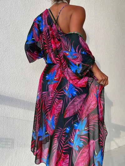 Women's tropical print one-piece swimsuit with deep V-neck and high-cut leg, paired with a matching long-sleeve cover-up. - Image 35