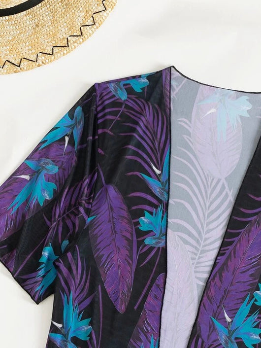 Women's tropical print one-piece swimsuit with deep V-neck and high-cut leg, paired with a matching long-sleeve cover-up. - Image 36