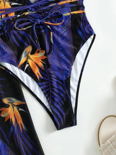 Women's tropical print one-piece swimsuit with deep V-neck and high-cut leg, paired with a matching long-sleeve cover-up. - Image 38
