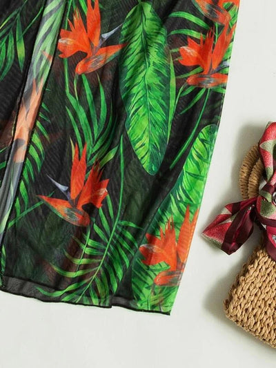 Women's tropical print one-piece swimsuit with deep V-neck and high-cut leg, paired with a matching long-sleeve cover-up. - Image 39