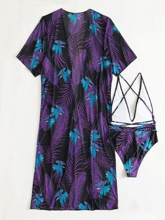 Women's tropical print one-piece swimsuit with deep V-neck and high-cut leg, paired with a matching long-sleeve cover-up. - Image 42