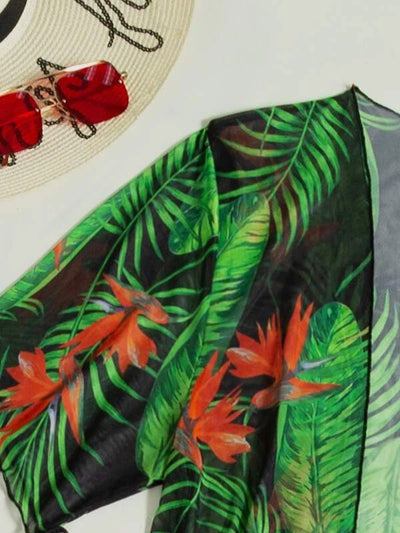 Women's tropical print one-piece swimsuit with deep V-neck and high-cut leg, paired with a matching long-sleeve cover-up. - Image 43