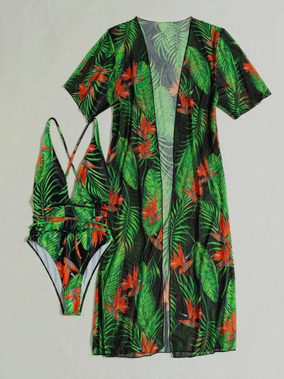 Women's tropical print one-piece swimsuit with deep V-neck and high-cut leg, paired with a matching long-sleeve cover-up. - Image 46