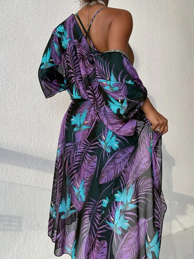 Women's tropical print one-piece swimsuit with deep V-neck and high-cut leg, paired with a matching long-sleeve cover-up. - Image 49