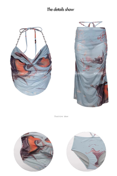 Purple and brown tie-dye two-piece swimsuit with a ruched cowl neck halter top and a matching high-waisted skirt. - Image 18
