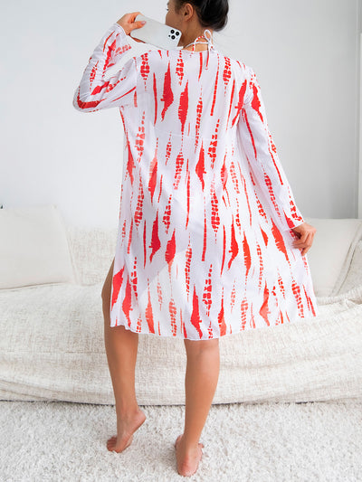White and black tie-dye three-piece bikini set with a triangle top, high-cut bottoms, and a sheer long-sleeve cover-up. - Image 10