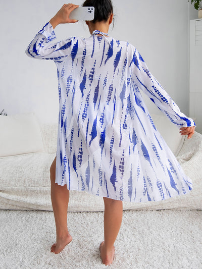 White and black tie-dye three-piece bikini set with a triangle top, high-cut bottoms, and a sheer long-sleeve cover-up. - Image 12