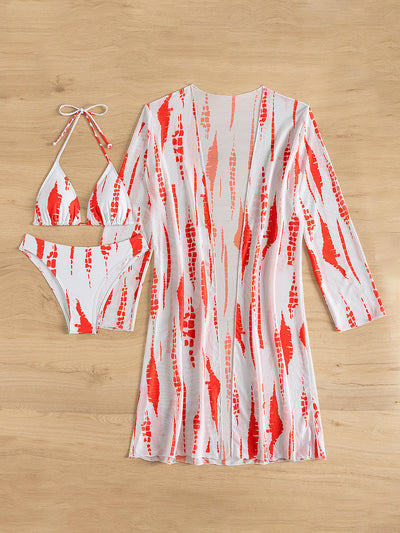 White and black tie-dye three-piece bikini set with a triangle top, high-cut bottoms, and a sheer long-sleeve cover-up. - Image 13