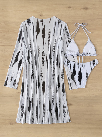 White and black tie-dye three-piece bikini set with a triangle top, high-cut bottoms, and a sheer long-sleeve cover-up. - Image 14