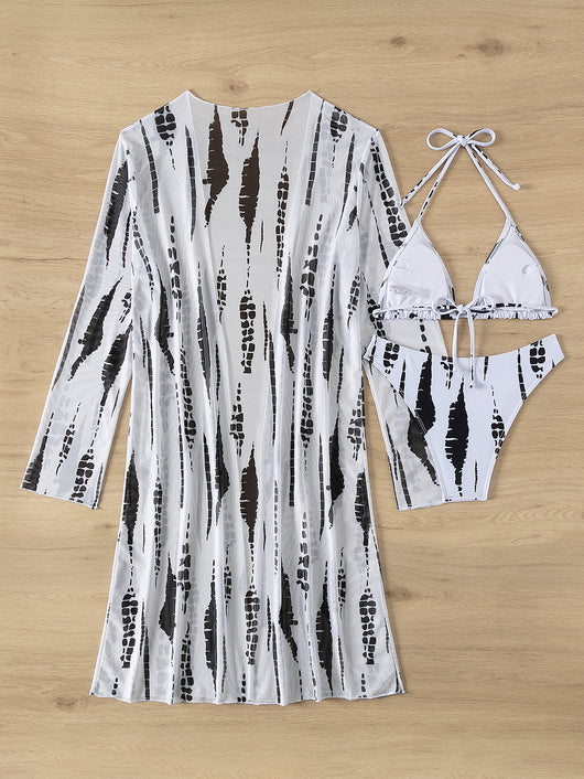 White and black tie-dye three-piece bikini set with a triangle top, high-cut bottoms, and a sheer long-sleeve cover-up. - Image 14