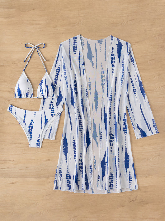 White and black tie-dye three-piece bikini set with a triangle top, high-cut bottoms, and a sheer long-sleeve cover-up. - Image 21