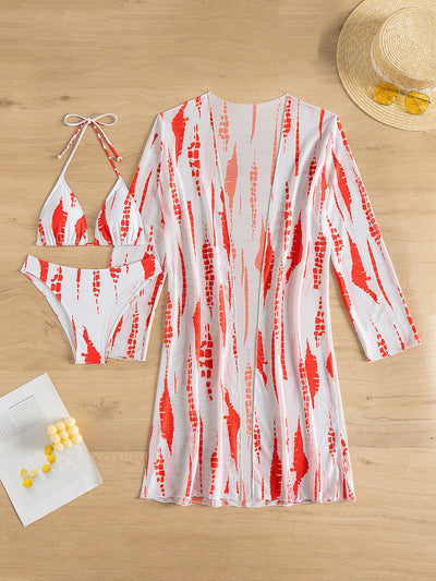 White and black tie-dye three-piece bikini set with a triangle top, high-cut bottoms, and a sheer long-sleeve cover-up. - Image 27