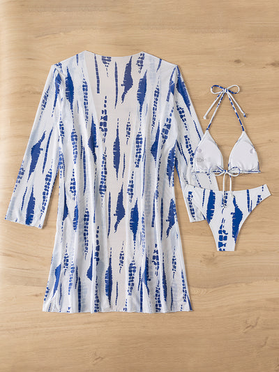 White and black tie-dye three-piece bikini set with a triangle top, high-cut bottoms, and a sheer long-sleeve cover-up. - Image 31