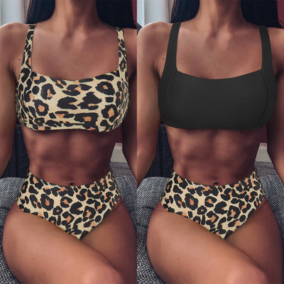 Black push-up bikini top with high-waisted bottoms featuring a white and red leopard print. - Image 65