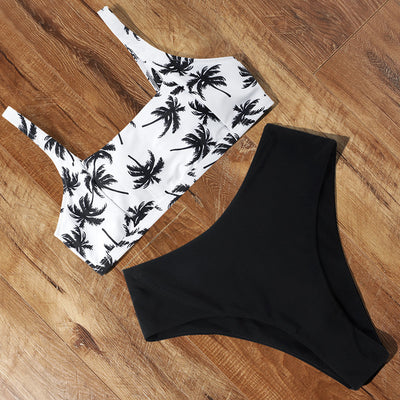 Black push-up bikini top with high-waisted bottoms featuring a white and red leopard print. - Image 75