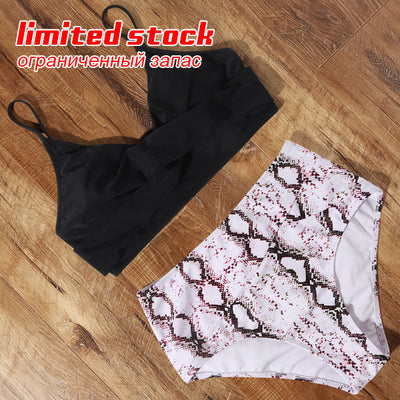 Black push-up bikini top with high-waisted bottoms featuring a white and red leopard print. - Image 82