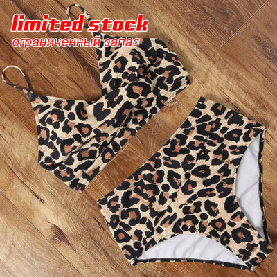 Black push-up bikini top with high-waisted bottoms featuring a white and red leopard print. - Image 87