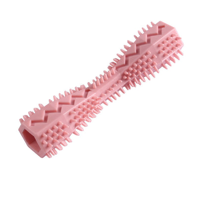 Pink textured dog chew toy with nubs and ridges for teeth cleaning, designed like a stick with a hollow center. - Image 13