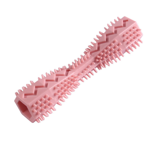 Pink textured dog chew toy with nubs and ridges for teeth cleaning, designed like a stick with a hollow center. - Image 13