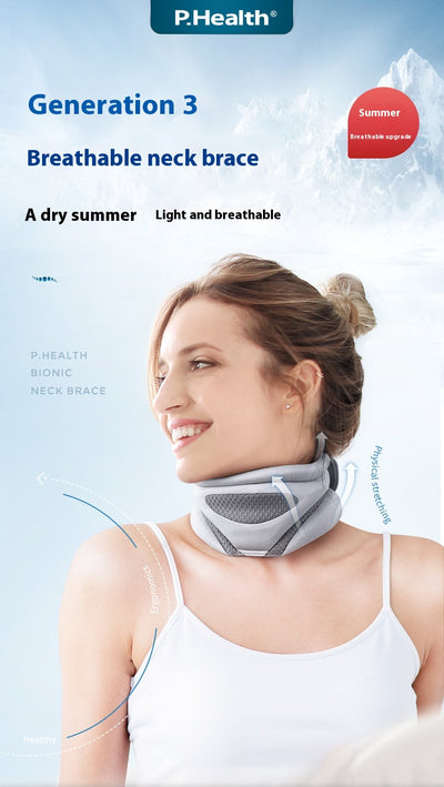 Pink bionic breathable neck guard for cervical vertebra care, designed to prevent bowing and neck leaning forward, shown with a grey storage bag. - Image 31