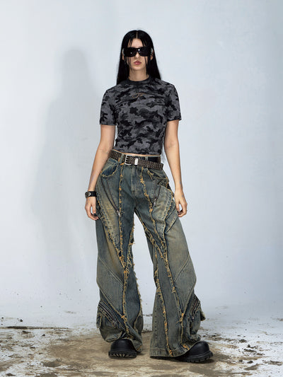 Pantalones Vaqueros Vintage Pierna Ancha con Costuras Vistas Efecto Destruido - Image 14