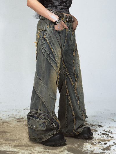 Pantalones Vaqueros Vintage Pierna Ancha con Costuras Vistas Efecto Destruido - Image 15