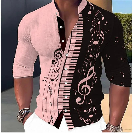 Camisa Casual Estampado Musical con Cuello de Pie Manga Larga para Hombre - Image 23