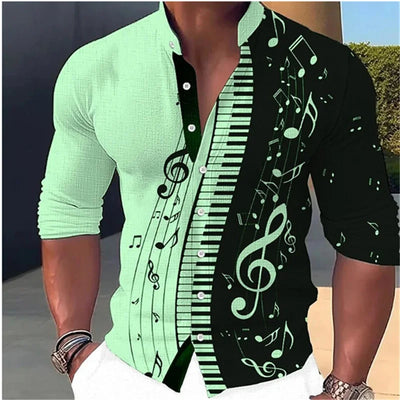 Camisa Casual Estampado Musical con Cuello de Pie Manga Larga para Hombre - Image 24