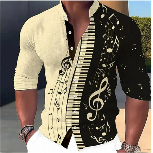 Camisa Casual Estampado Musical con Cuello de Pie Manga Larga para Hombre - Image 26