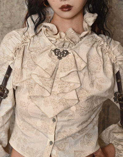 Camisa Steampunk de Algodón y Lino con Cuello Alzado y Volantes Desgastados - Image 20