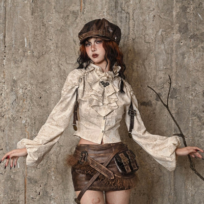 Camisa Steampunk de Algodón y Lino con Cuello Alzado y Volantes Desgastados - Image 22