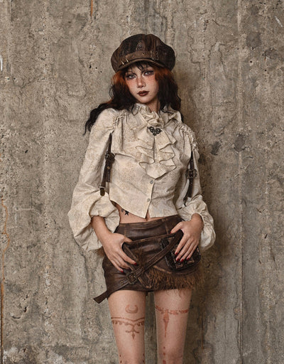 Camisa Steampunk de Algodón y Lino con Cuello Alzado y Volantes Desgastados - Image 28