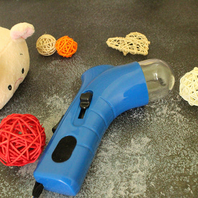 Red pet treat launcher with a clear reservoir filled with brown kibble, shown from side and top views with dimensions. - Image 13