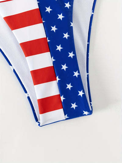 Women's three-piece swimsuit with American flag print, including a halter bikini and a long-sleeved mesh cover-up. - Image 15