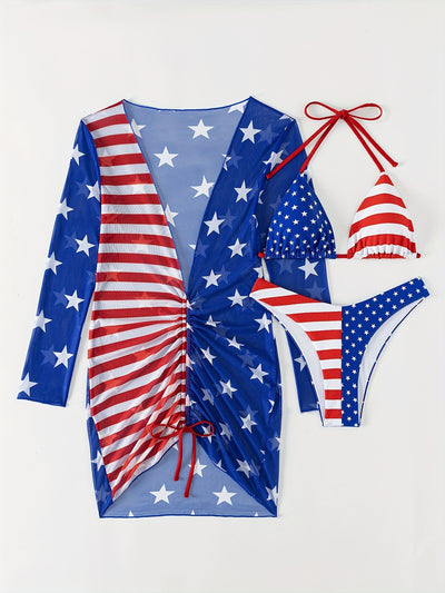 Women's three-piece swimsuit with American flag print, including a halter bikini and a long-sleeved mesh cover-up. - Image 16